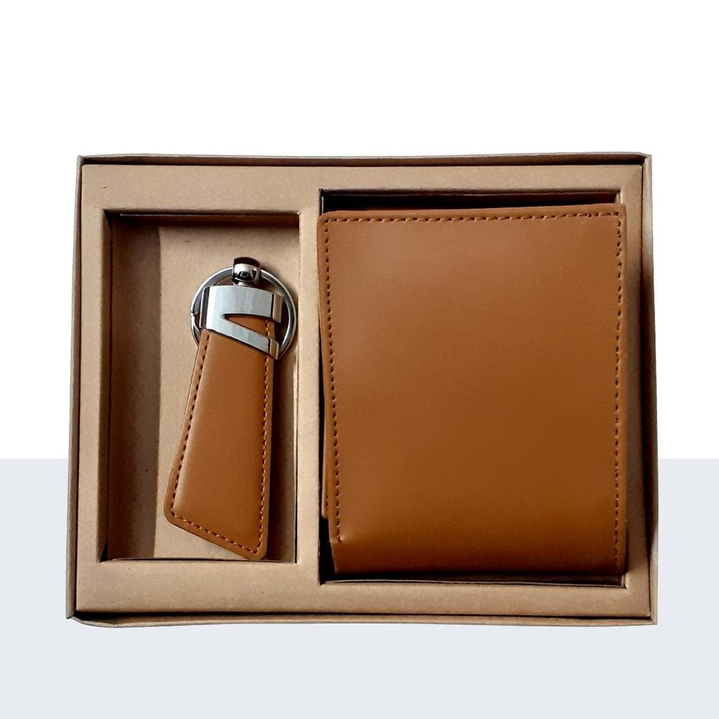 Tan Leather Wallet & Keychain Gift Set — Men's Bifold Card Holder with Matching Fob, Gift Box Included